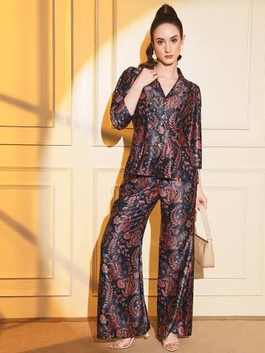 Stylish Navy Satin Printed 2-Piece Coord Set for Women
